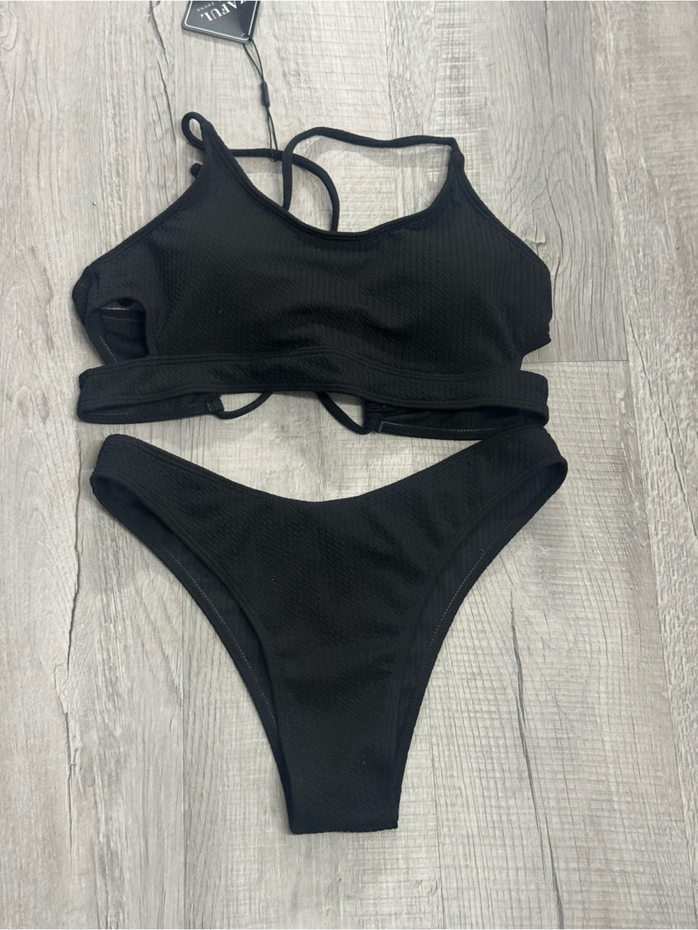 Zaful Black Strappy Ribbed Two-Piece Bikini
